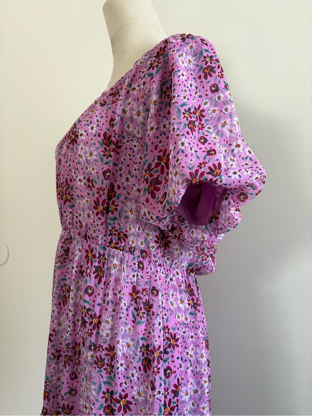Draper James RSVP Tired Maxi Floral Chiffon Short Puff Sleeve Purple/Pink/Red M - Picture 3 of 11